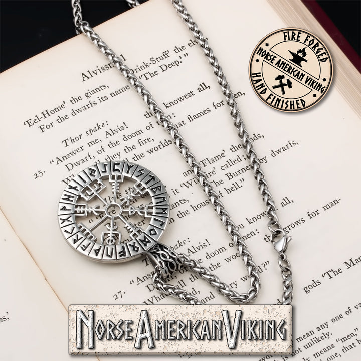 Viking Vegvisir Compass Elder Futhark Rune Stainless Steel Pendant Necklace