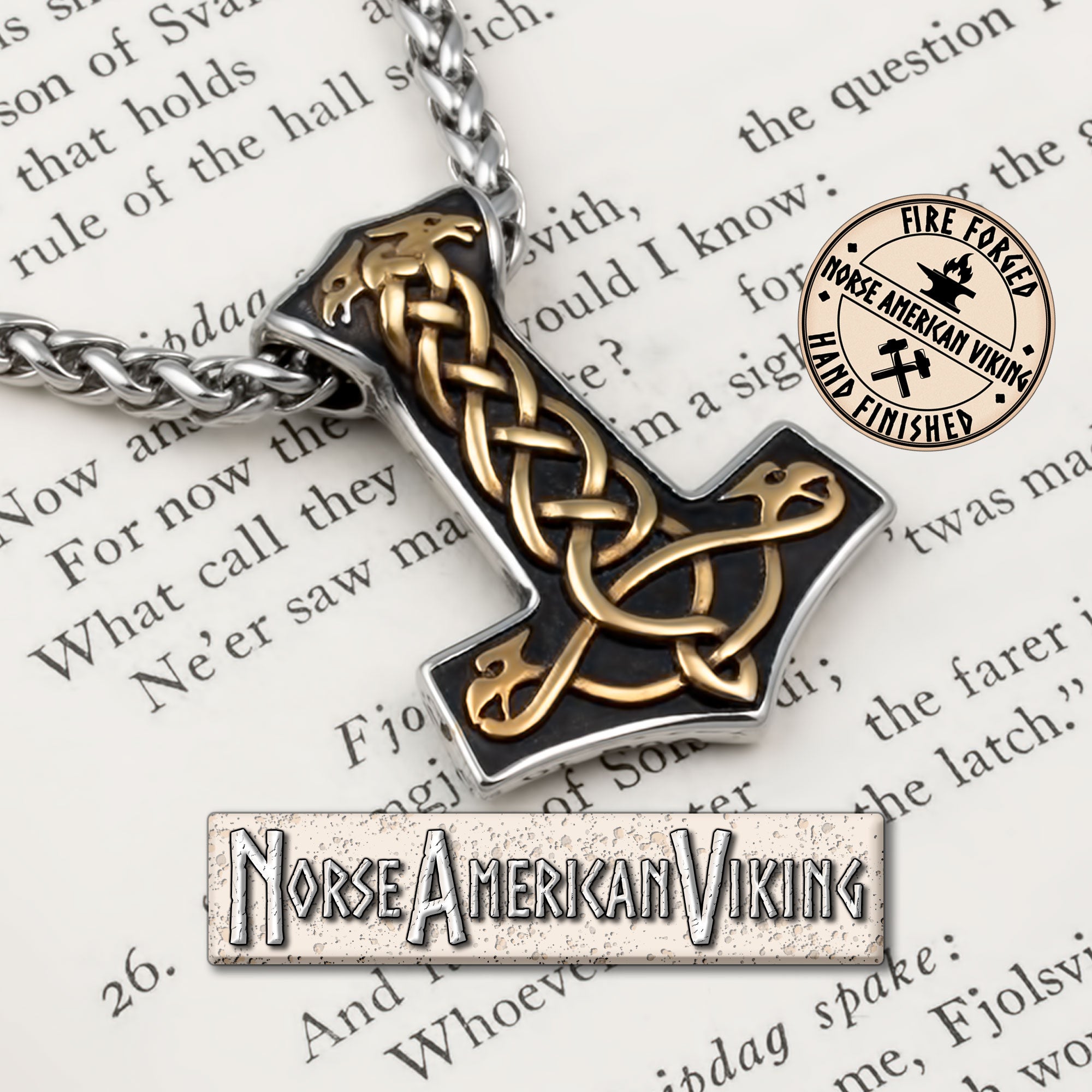 Viking Mjolnir Thor's Hammer Raven Plait Stainless Steel Pendant