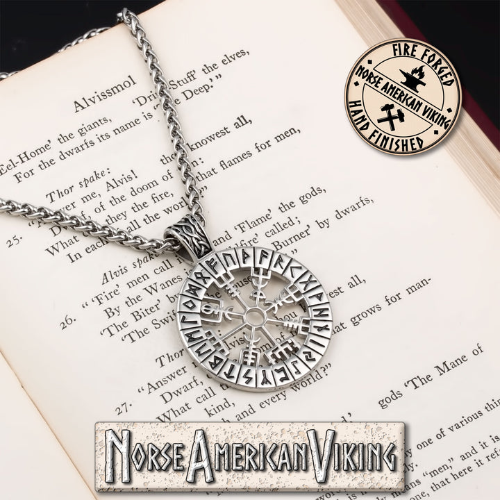 Viking Vegvisir Compass Elder Futhark Rune Stainless Steel Pendant Necklace