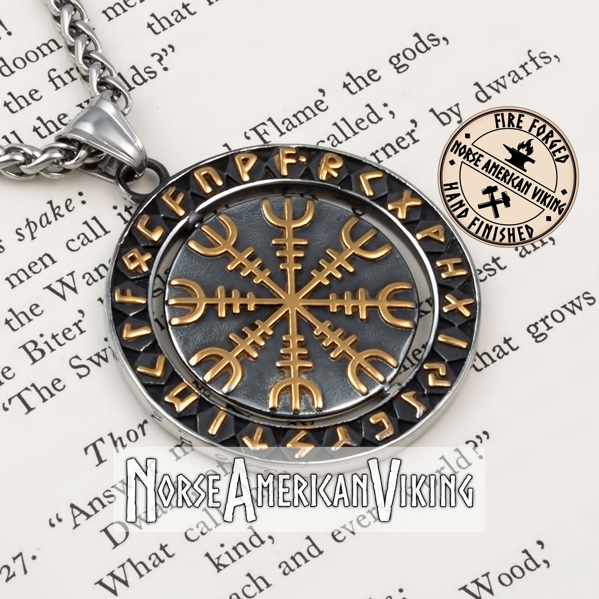 Viking Spinner Helm of Awe Elder Futhark Rune Pendant Necklace