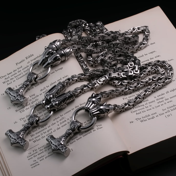 Viking Mjolnir Thor's Hammer King Bear Byzantine Necklace Stainless Steel Norse American