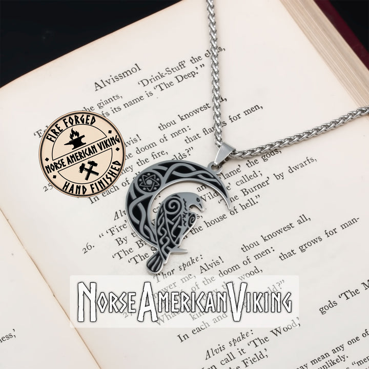 Viking Raven Crescent Moon Stainless Steel Pendant Necklace