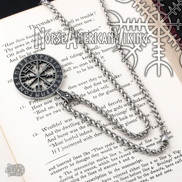 Viking Vegvisir Elder Futhark Rune Compass Stainless Steel Pendant Necklace