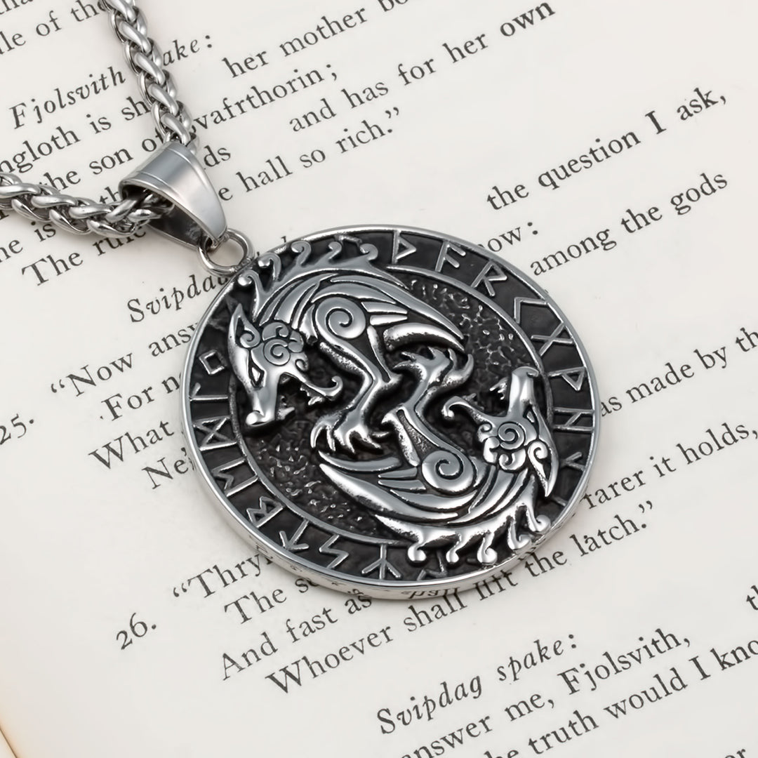 Wolf Rune Pendant Necklace Stainless Steel Viking