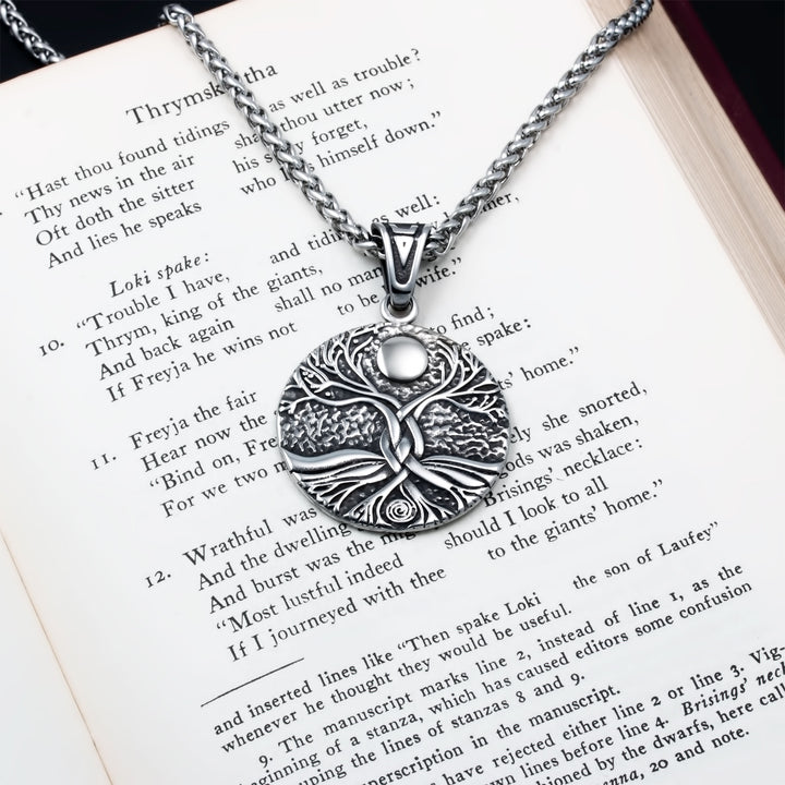 Yggdrasil World Ash Tree Moon Pendant Necklace Stainless Steel Viking