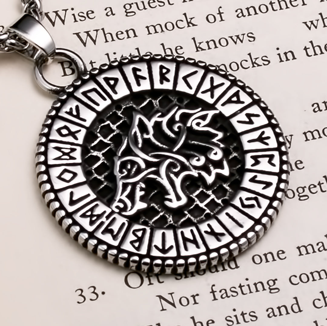 Viking Fenrir Wolf Rune Stainless Steel Pendant Necklace