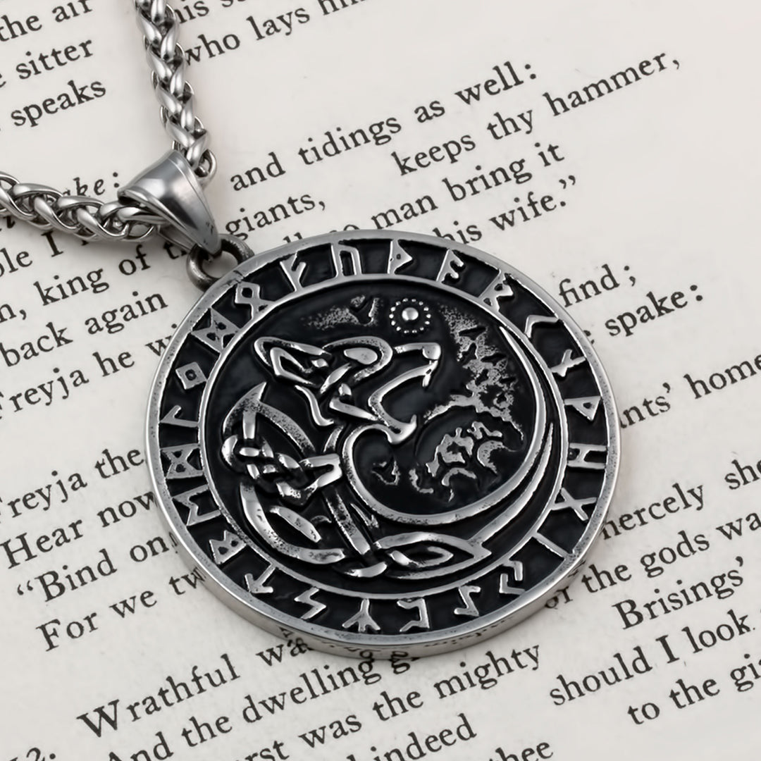 Fenrir Wolf Rune Pendant Necklace Stainless Steel Viking