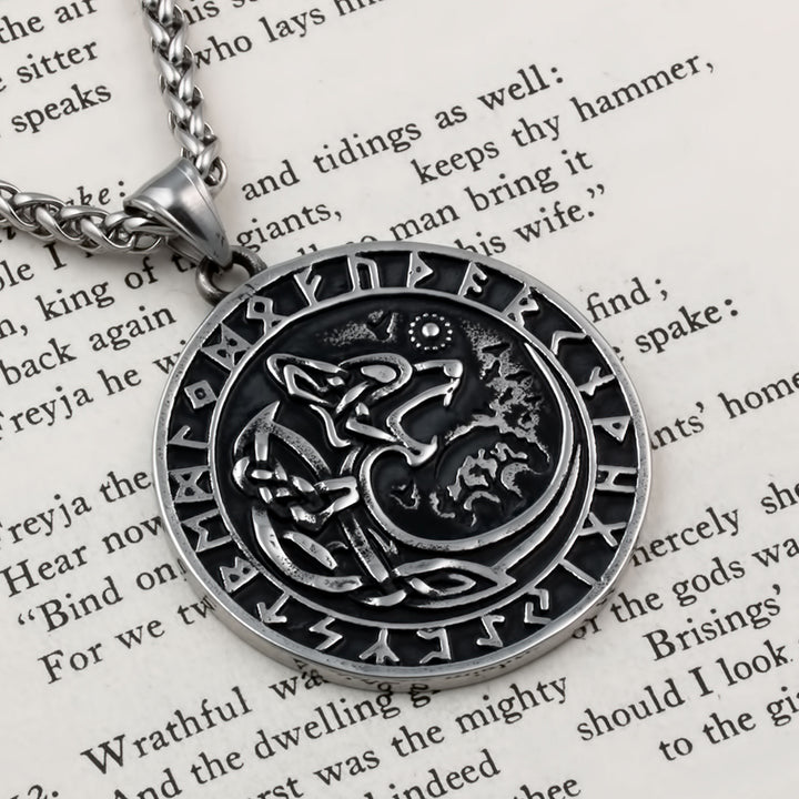 Fenrir Wolf Rune Pendant Necklace Stainless Steel Viking