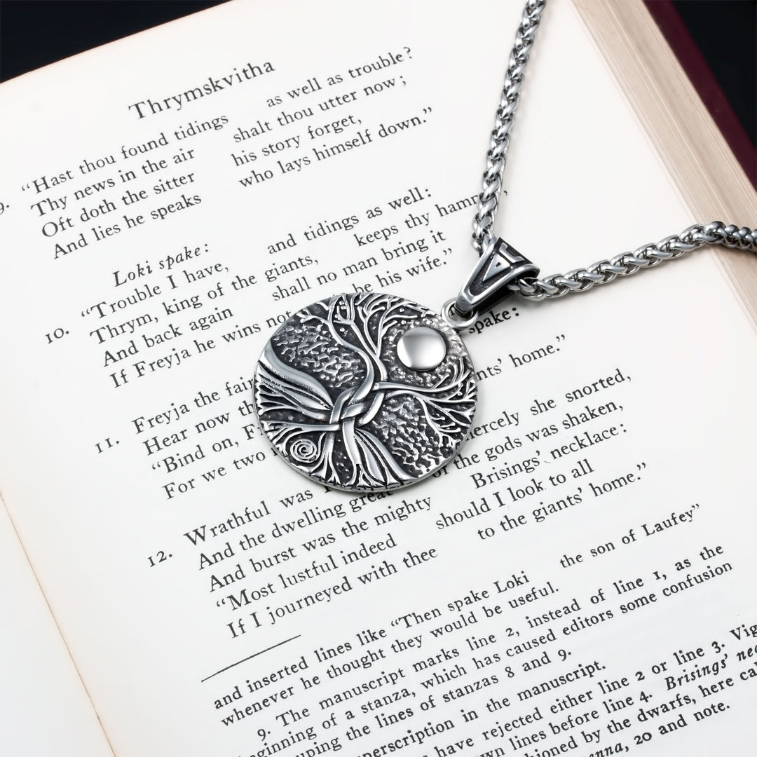 Yggdrasil World Ash Tree Moon Pendant Necklace Stainless Steel Viking