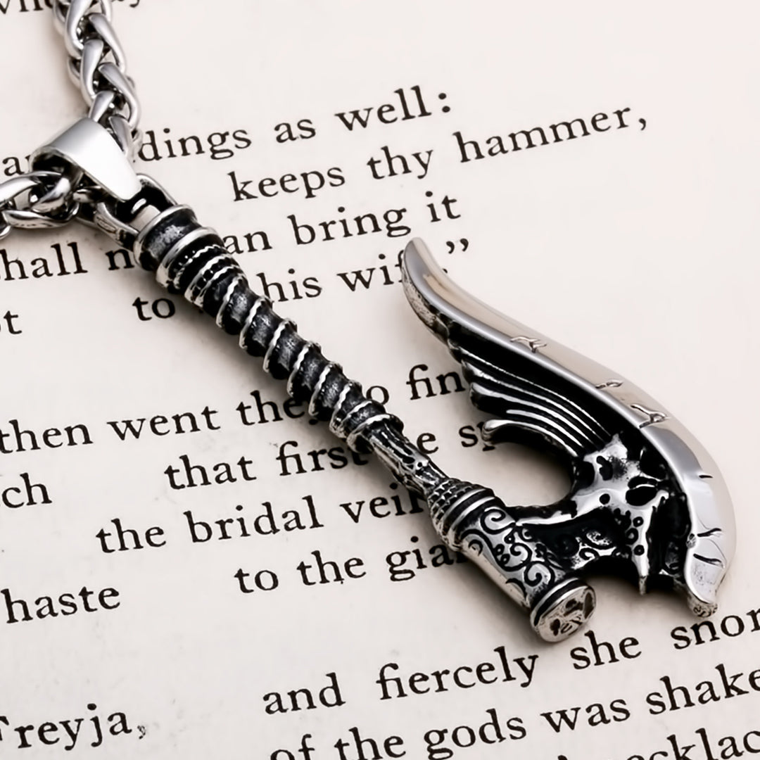 Axe Long Handle Cracked Viking Pendant Necklace 316L Stainless Steel
