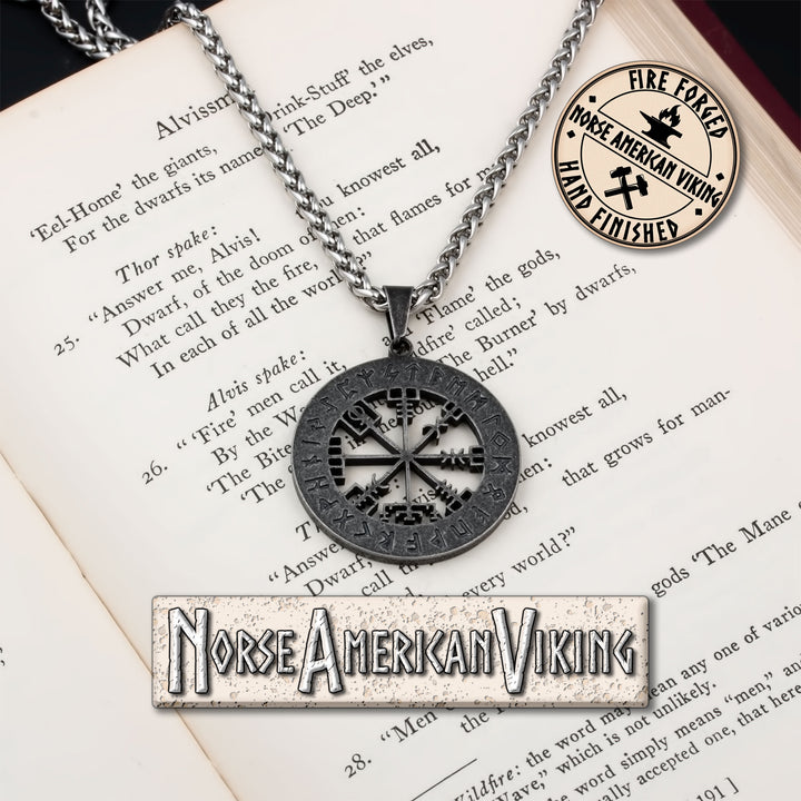 Viking Vegvisir Elder Futhark Rune Compass Stainless Steel Pendant Necklace