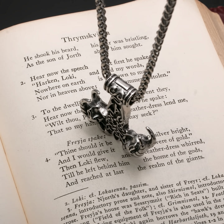 Viking Mjolnir Thor's Hammer Goat Head Stainless Steel Pendant Necklace