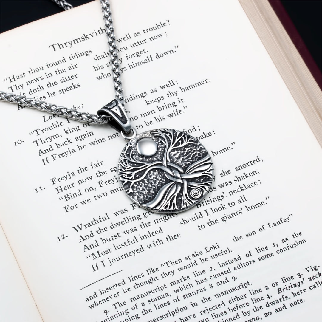 Yggdrasil World Ash Tree Moon Pendant Necklace Stainless Steel Viking