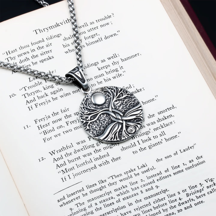 Yggdrasil World Ash Tree Moon Pendant Necklace Stainless Steel Viking