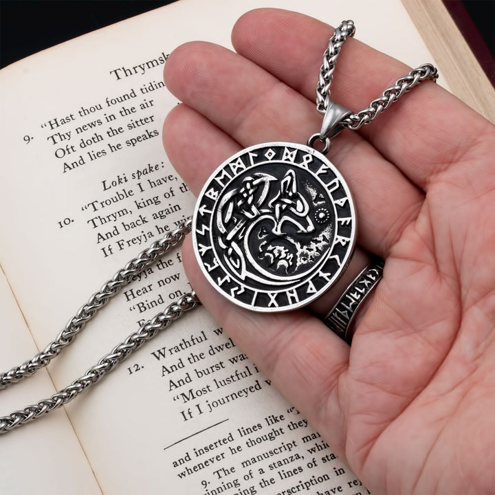 Fenrir Wolf Rune Pendant Necklace Stainless Steel Viking