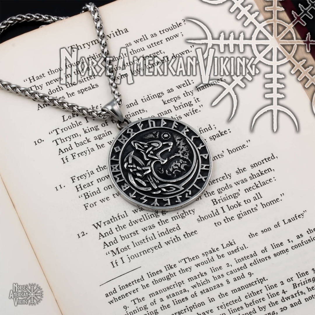 Viking Fenrir Wolf Rune Stainless Steel Pendant Necklace