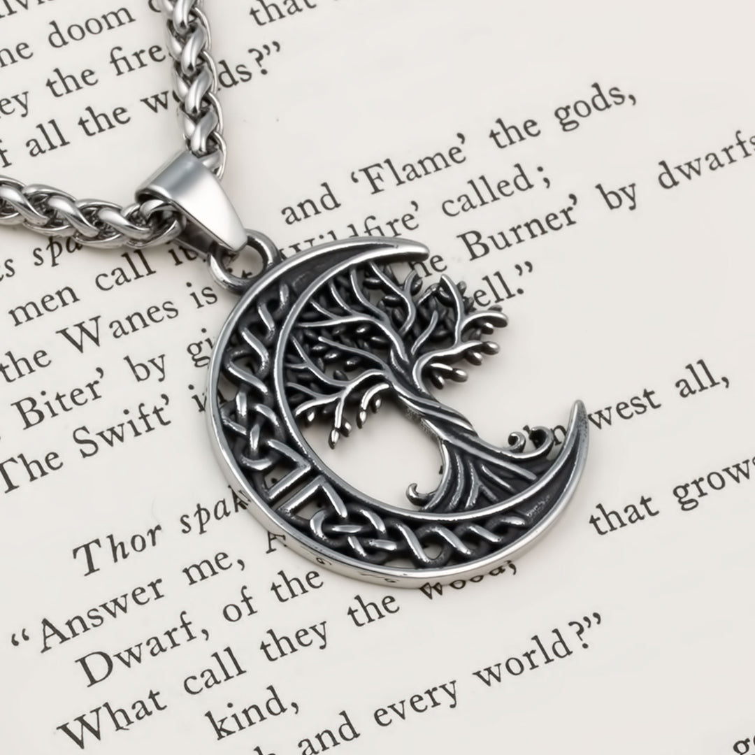 Yggdrasil World Ash Tree Moon Pendant Necklace Stainless Steel Viking