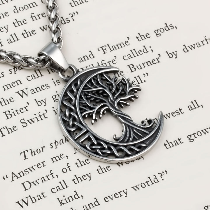 Yggdrasil World Ash Tree Moon Pendant Necklace Stainless Steel Viking