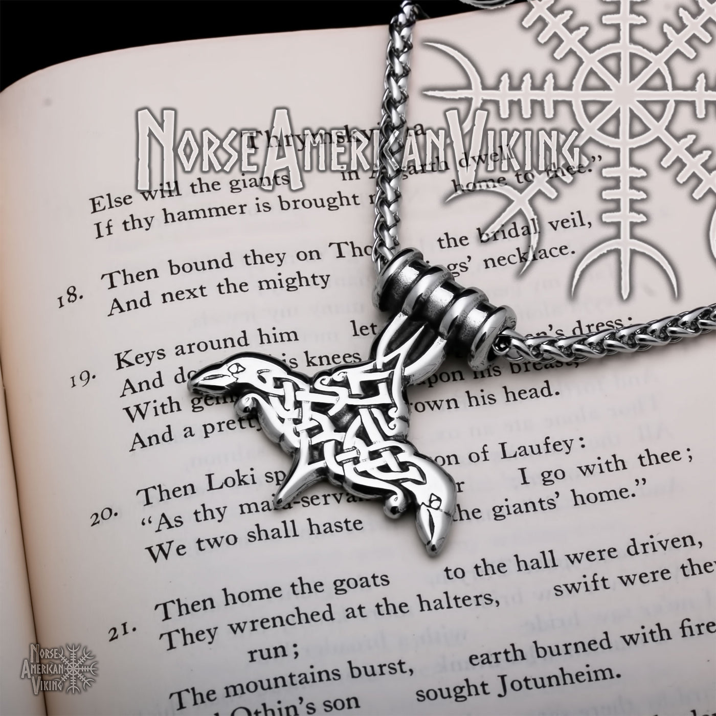 Viking Mjolnir Thor's Hammer Raven Norse Knot Stainless Steel Pendant Necklace