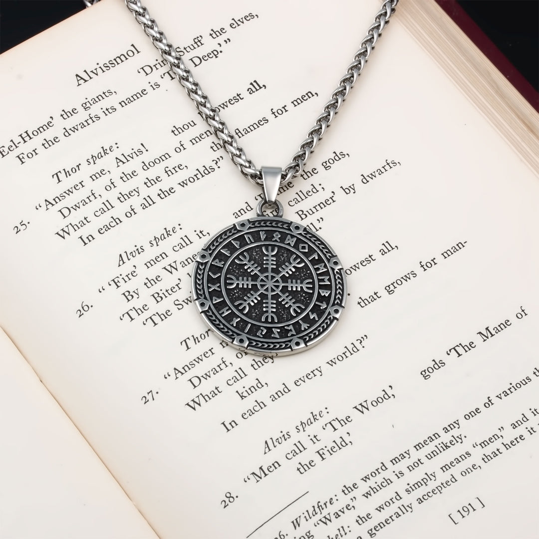 Helm of Awe Elder Futhark Rune Pendant Necklace 316L Stainless Steel Viking