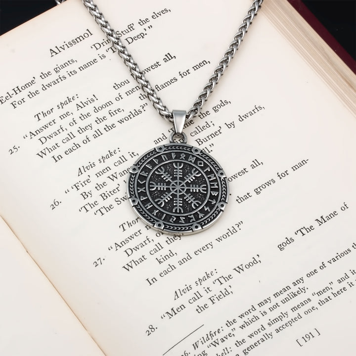 Helm of Awe Elder Futhark Rune Pendant Necklace 316L Stainless Steel Viking