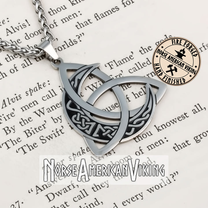 Viking Trinity Knot Crescent Moon Stainless Steel Pendant Necklace