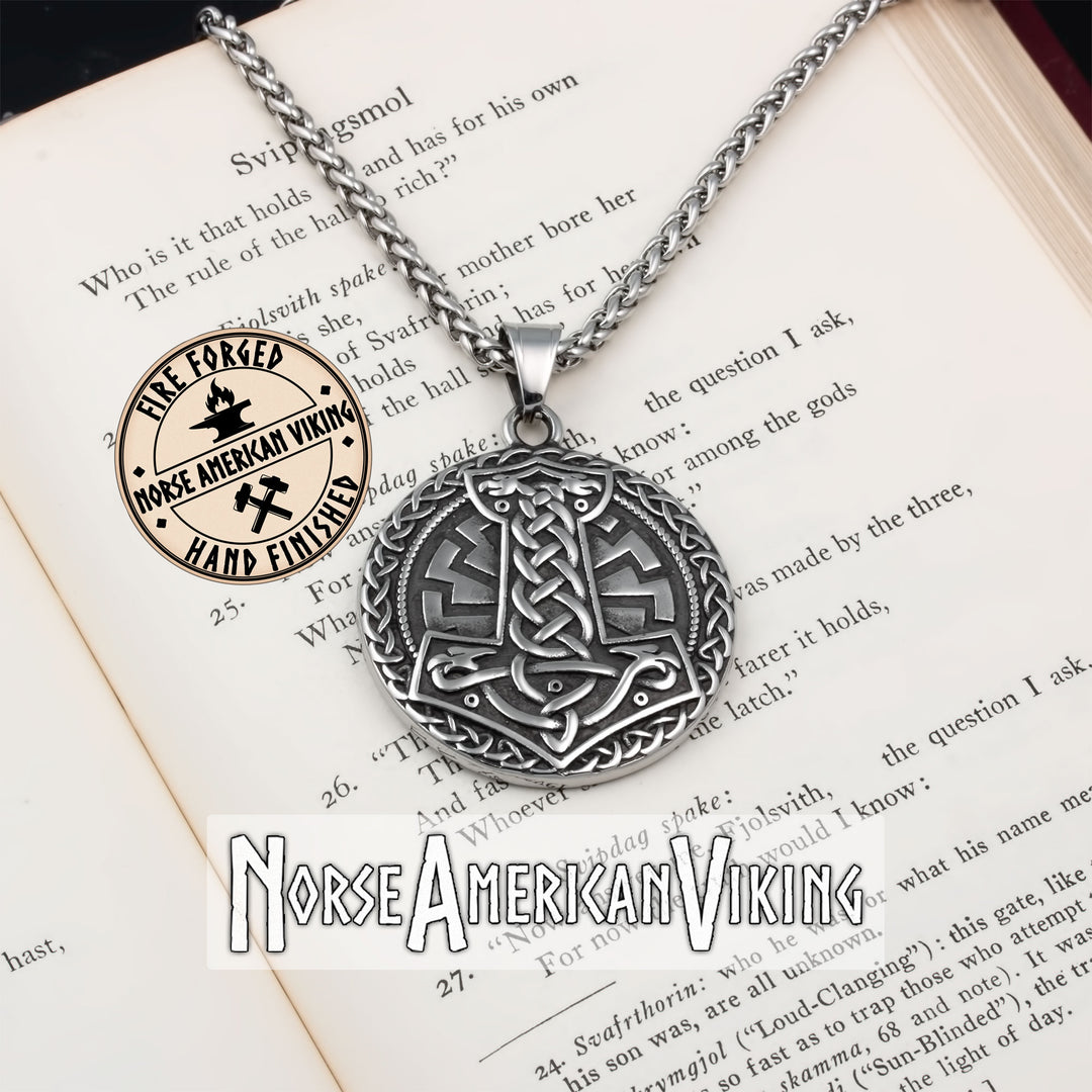 Viking Mjolnir Sowilo Rune Medallion Stainless Steel Pendant Necklace