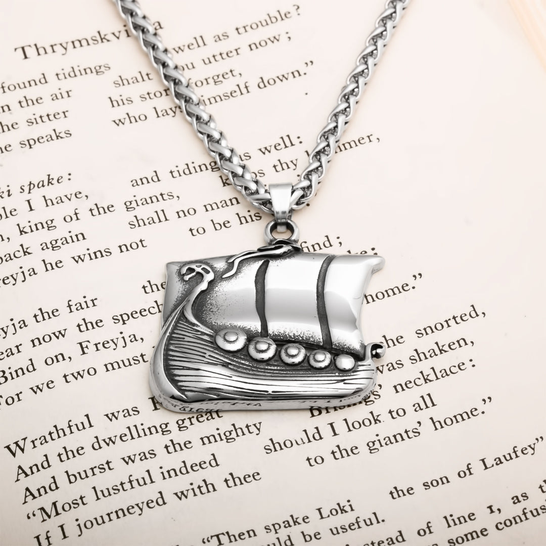 Longship Viking Pendant Necklace 316L Stainless Steel