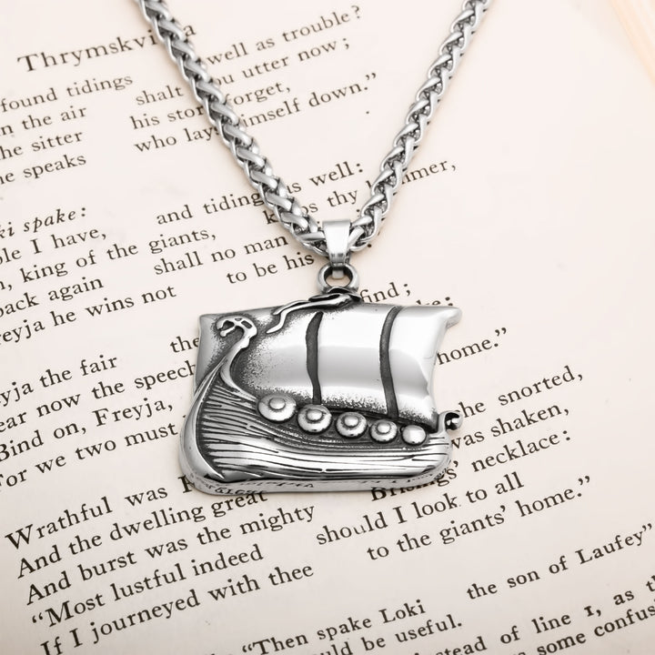 Longship Viking Pendant Necklace 316L Stainless Steel