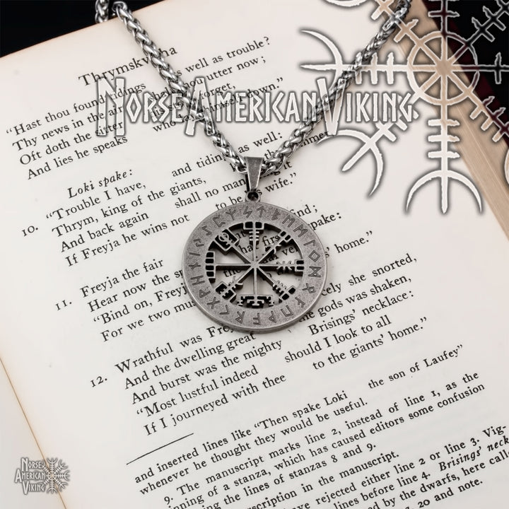 Viking Vegvisir Elder Futhark Rune Compass Stainless Steel Pendant Necklace