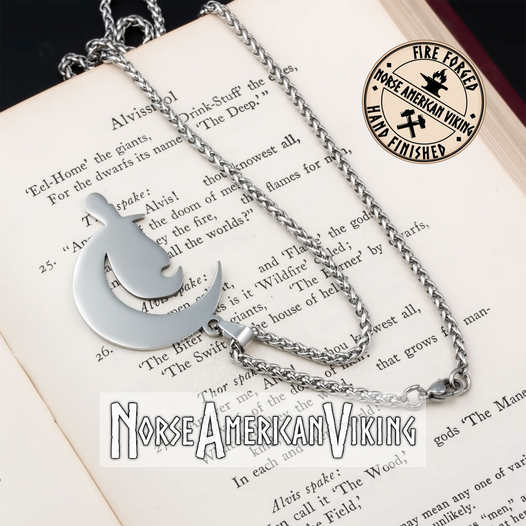 Viking Raven Crescent Moon Stainless Steel Pendant Necklace