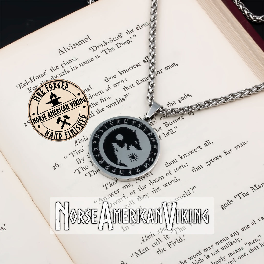 Viking Wolf Rune Sun and Moon Stainless Steel Pendant Necklace