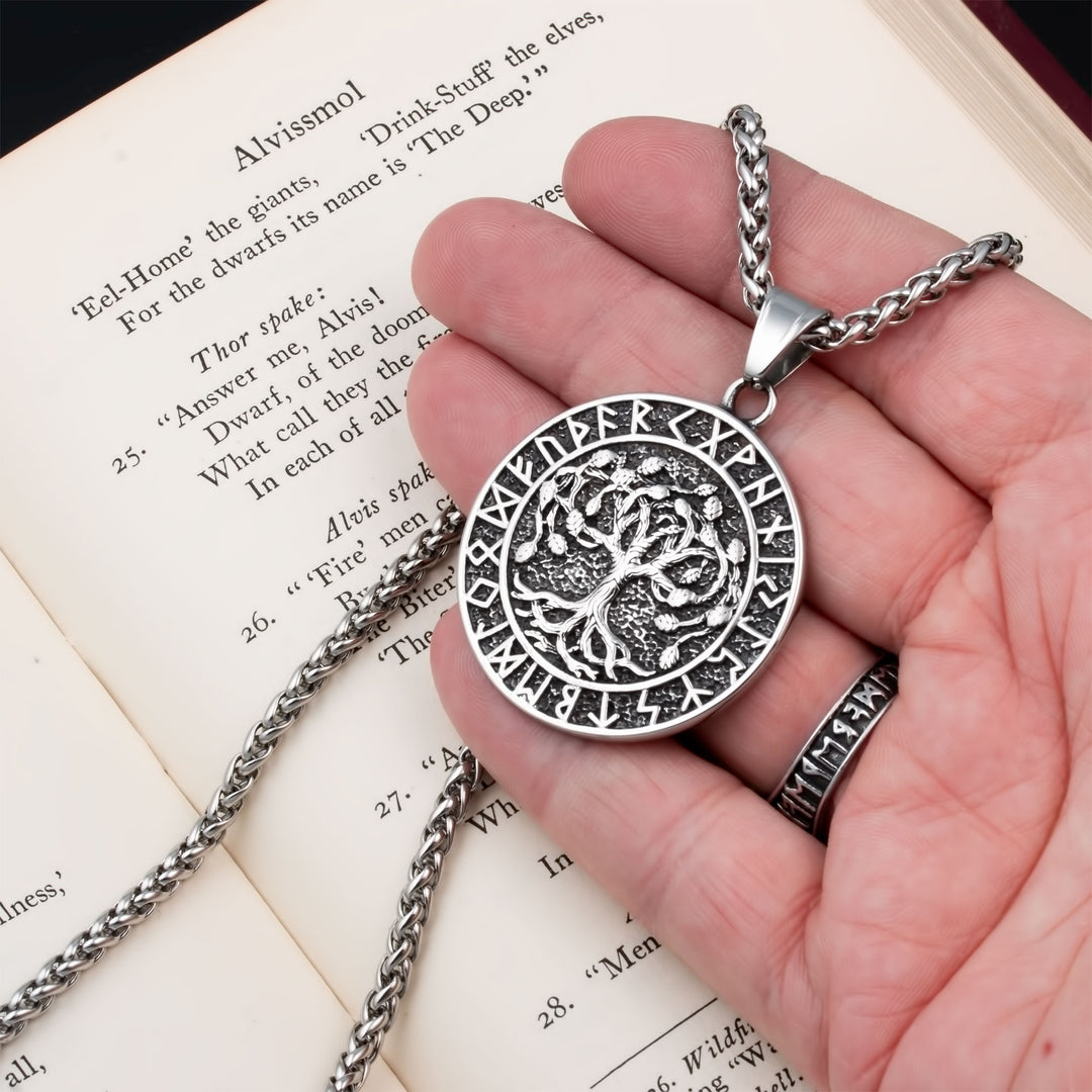 Yggdrasil World Tree Rune Pendant Necklace Stainless Steel Viking