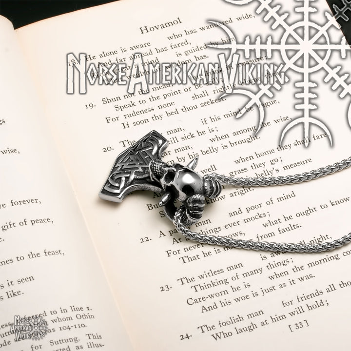 Viking Mjolnir Thor's Hammer Skull Valknut Stainless Steel Pendant Necklace