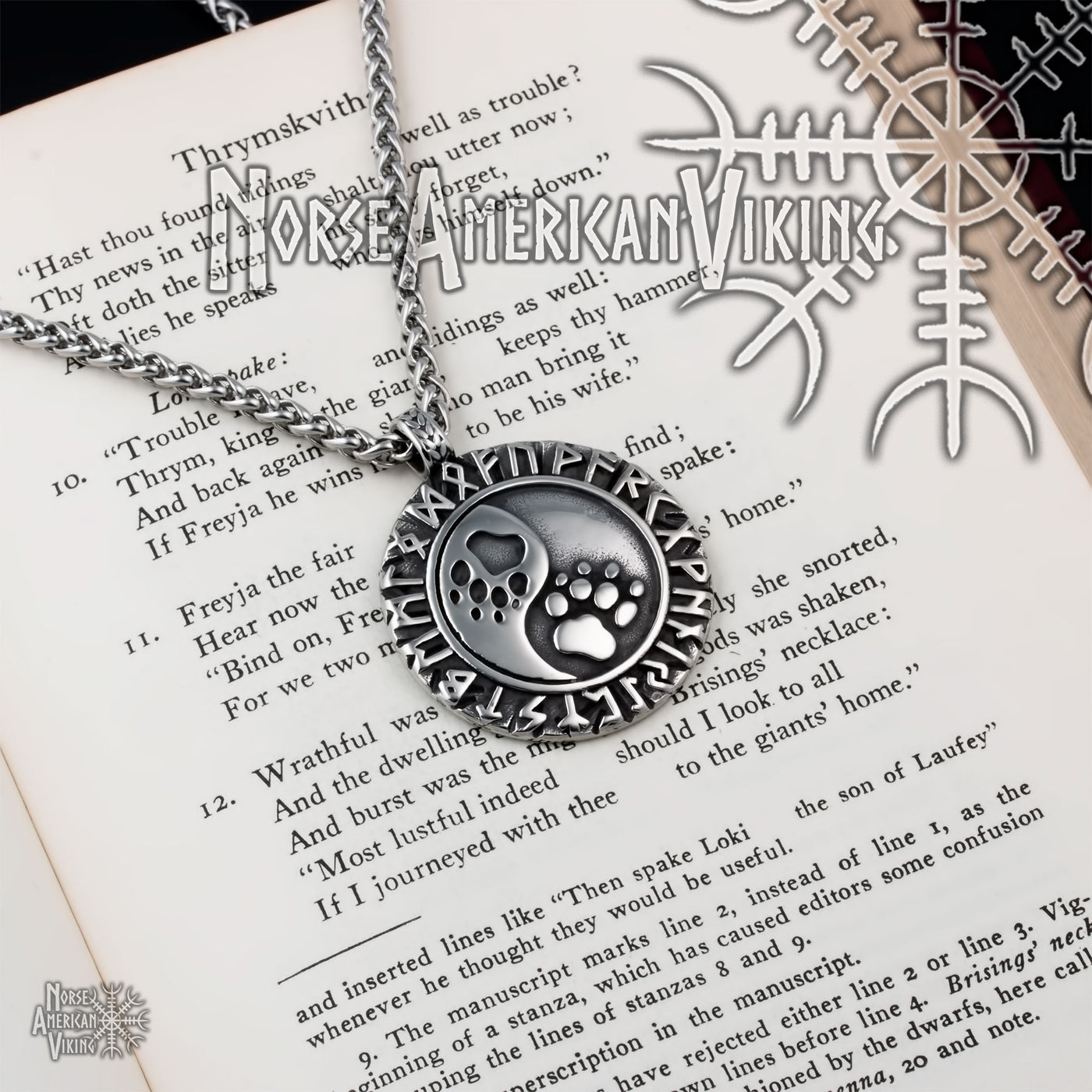 Viking Wolf Print Rune Stainless Steel Pendant Necklace