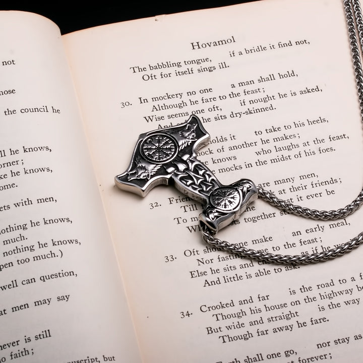 Viking Mjolnir Thor's Hammer Vegvisir Wolf Stainless Steel Pendant Necklace