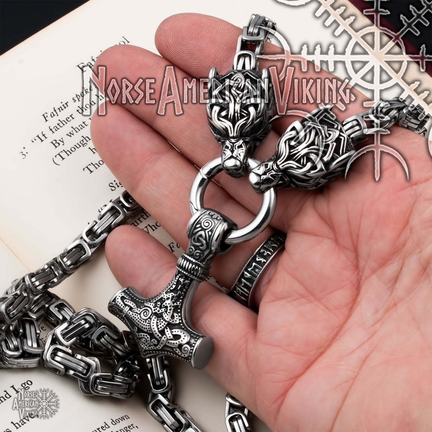 Viking Mjolnir Thor's Hammer King Wolf Byzantine Necklace 316L Stainless Steel