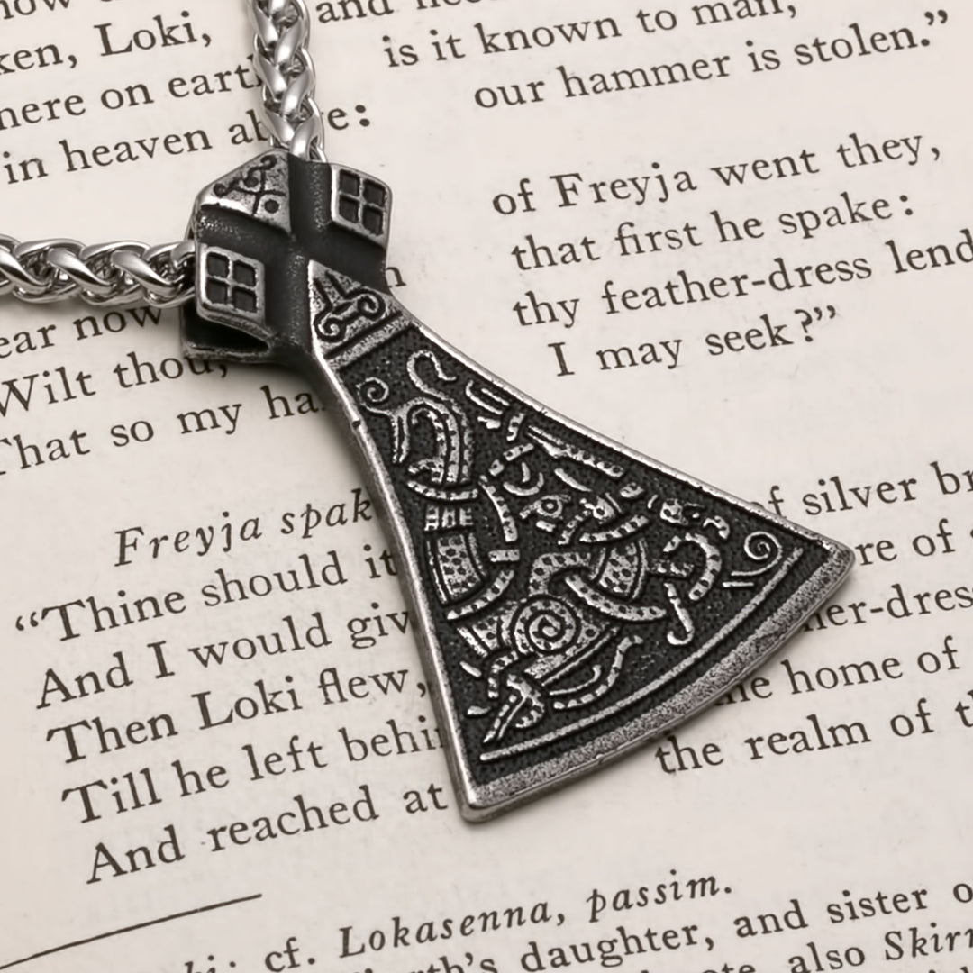 Viking Axe Ancient Norse Dragon Pendant Necklace