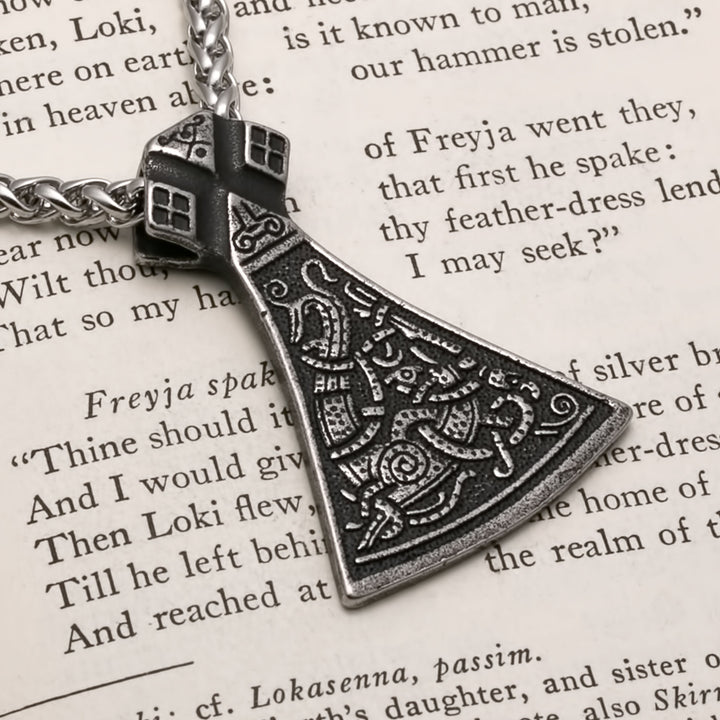 Viking Axe Ancient Norse Dragon Pendant Necklace