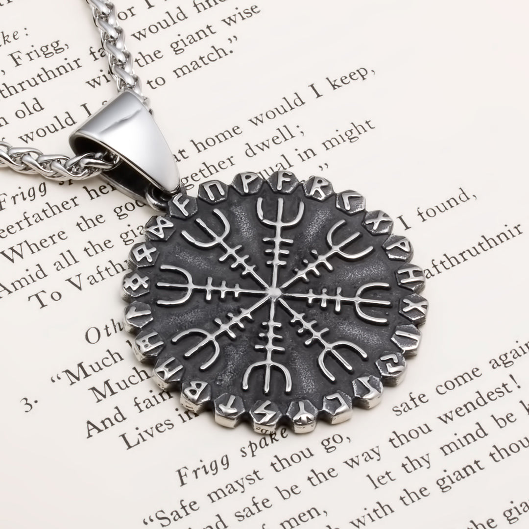 Viking Helm of Awe Vegvisir Rune Stainless Steel Pendant Necklace