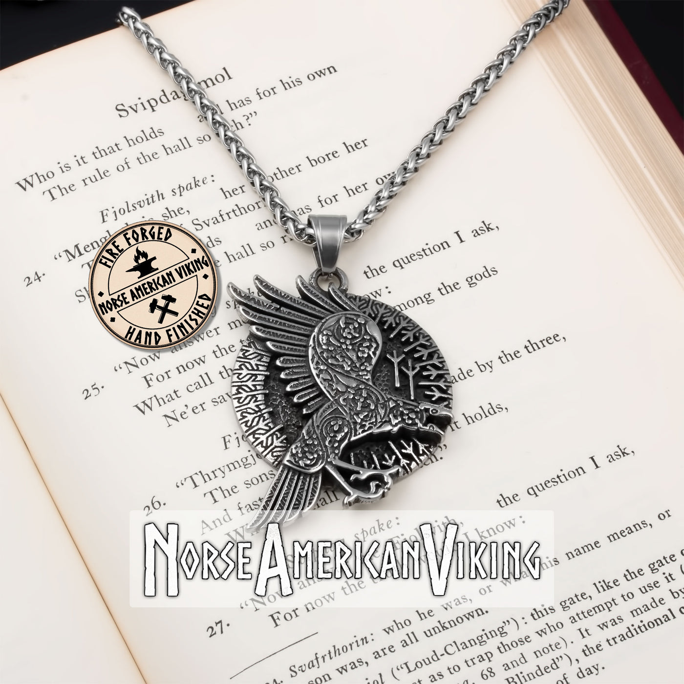 Viking Ravens Algiz Rune Stainless Steel Pendant Necklace