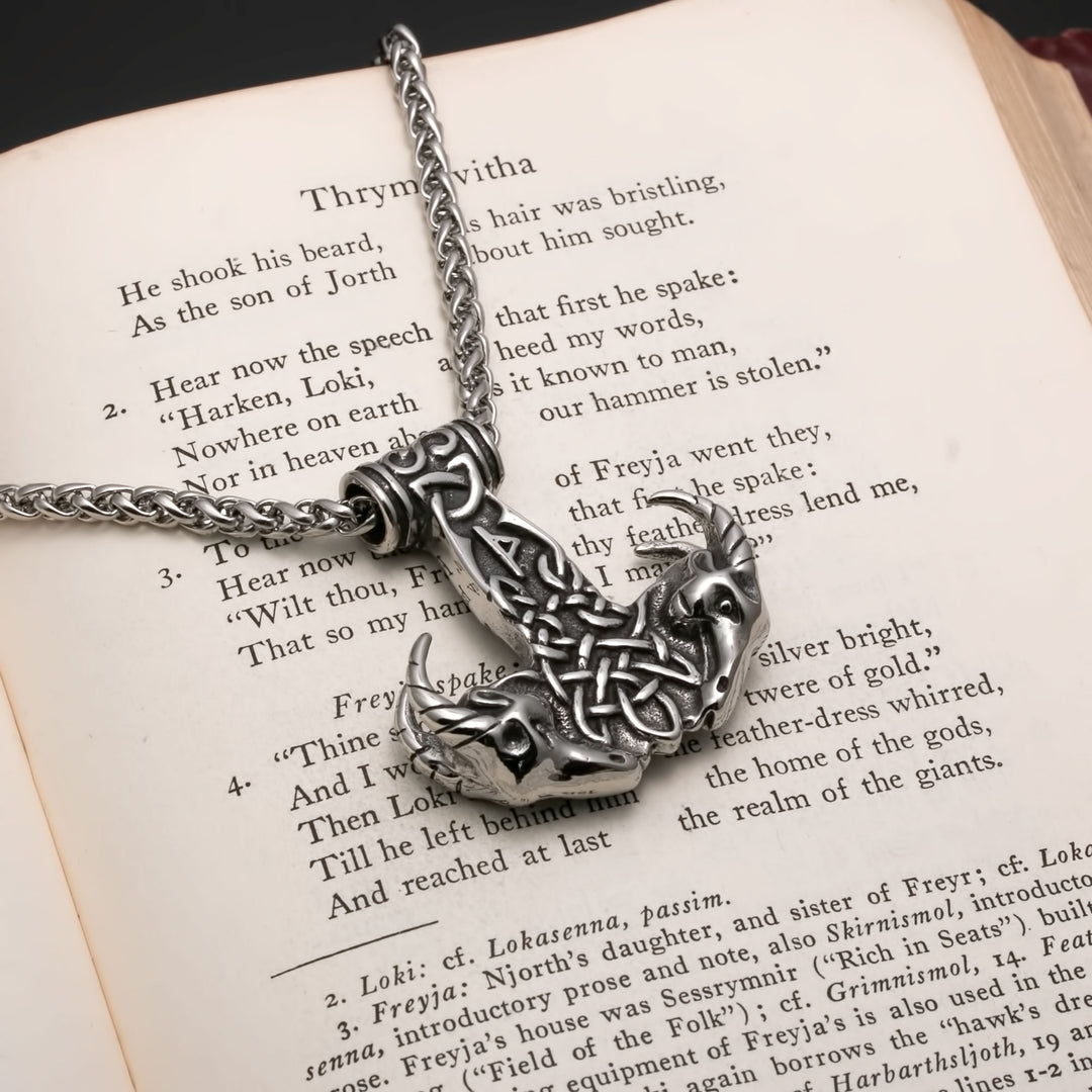 Viking Mjolnir Thor's Hammer Goat Head Stainless Steel Pendant Necklace