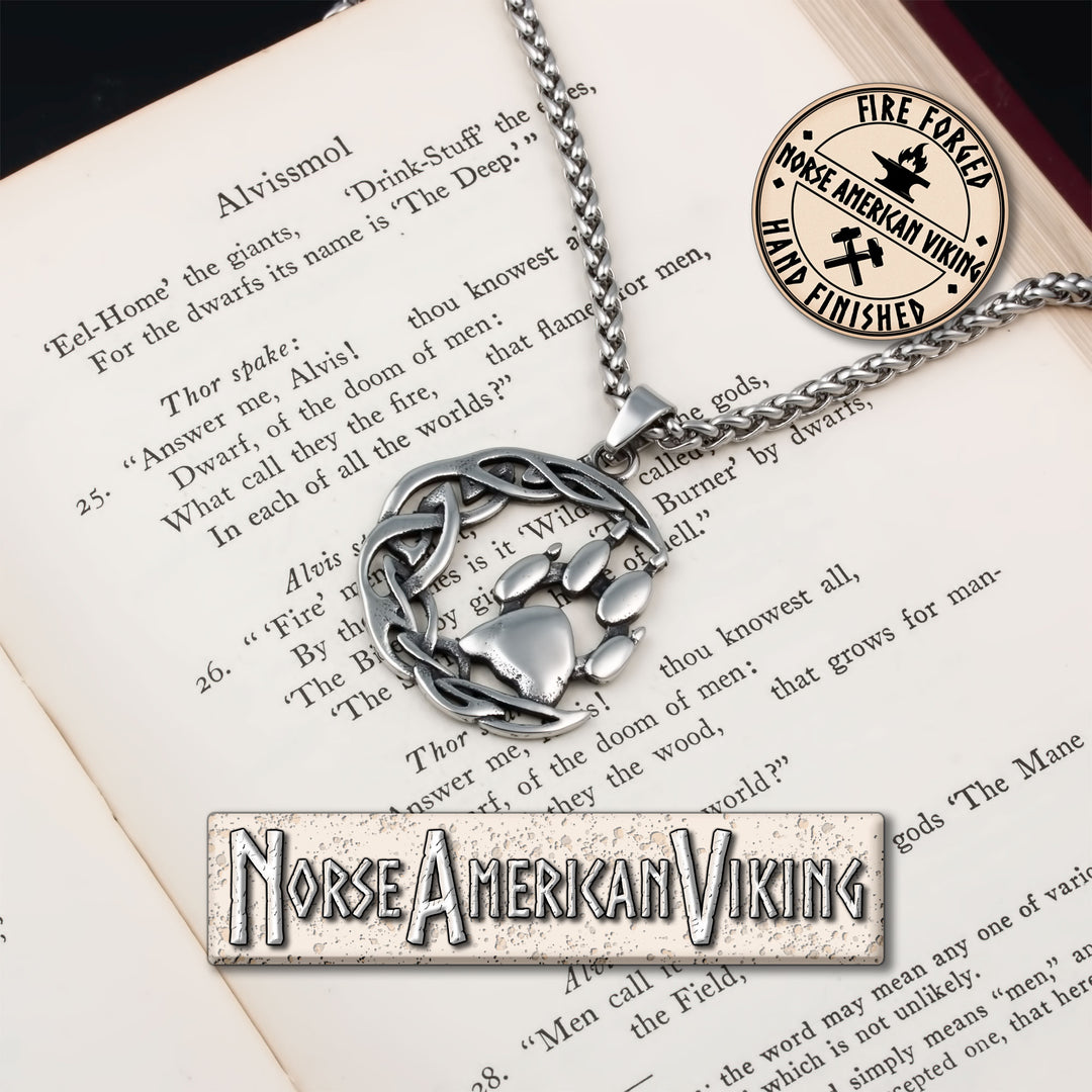 Viking Crescent Moon Wolf Paw Print Stainless Steel Pendant Necklace