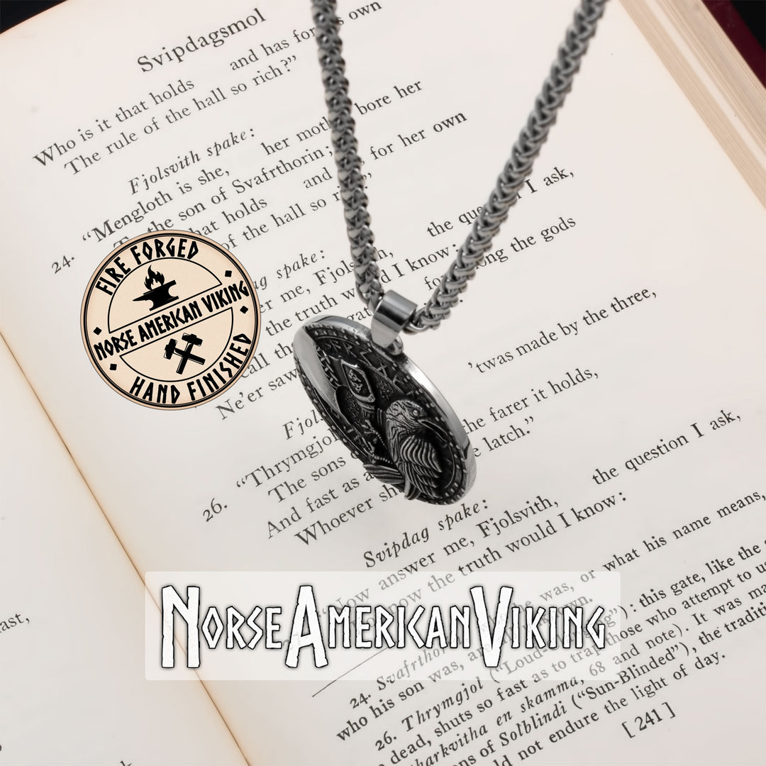 Viking Raven Axe Rune Stainless Steel Pendant Necklace