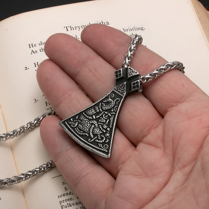 Viking Axe Ancient Norse Dragon Pendant Necklace