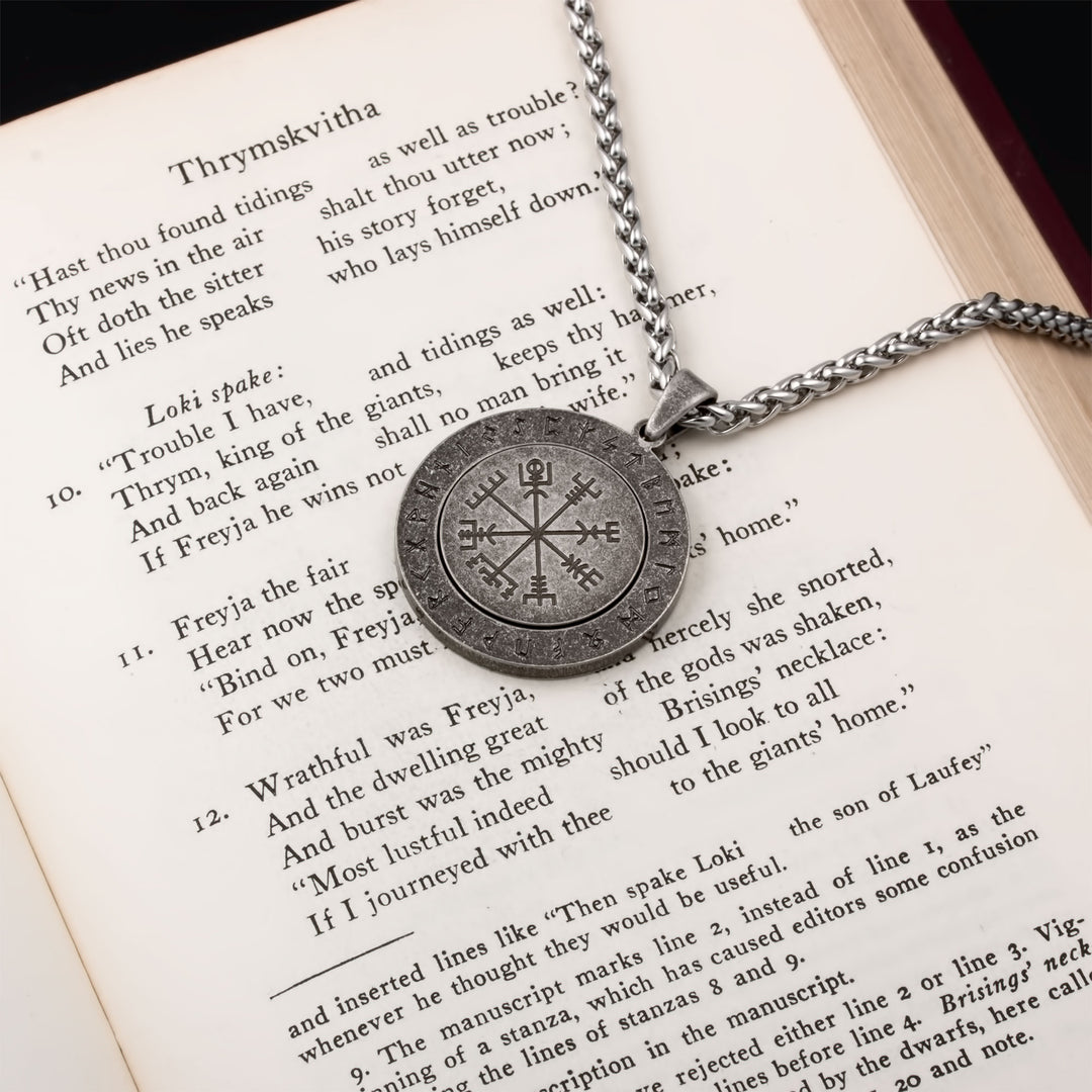 Vegvisir Elder Futhark Rune Spinner Pendant Necklace Stainless Steel Viking