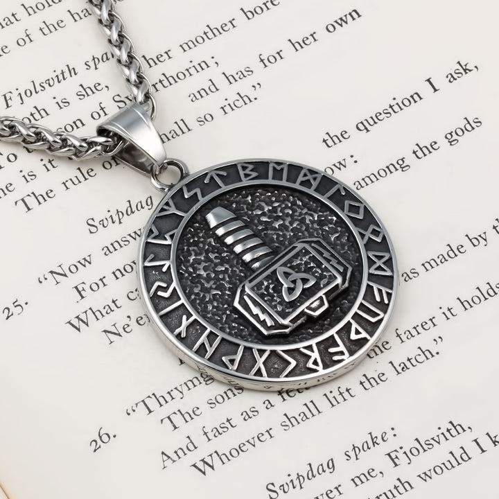 Mjolnir Rune Medallion Pendant Necklace Stainless Steel Viking