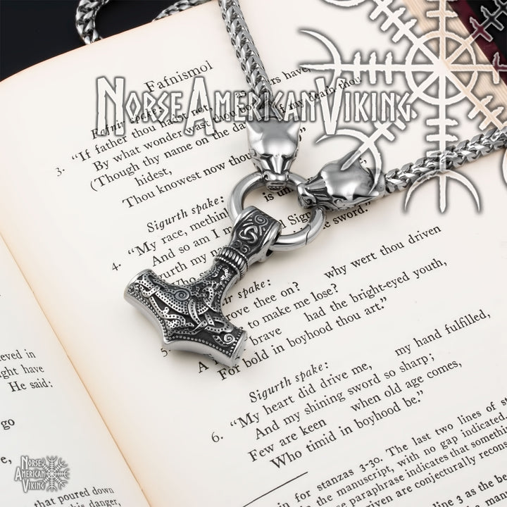 Viking Mjolnir Thor's Hammer King Wolf Foxtail Necklace 316L Stainless Steel