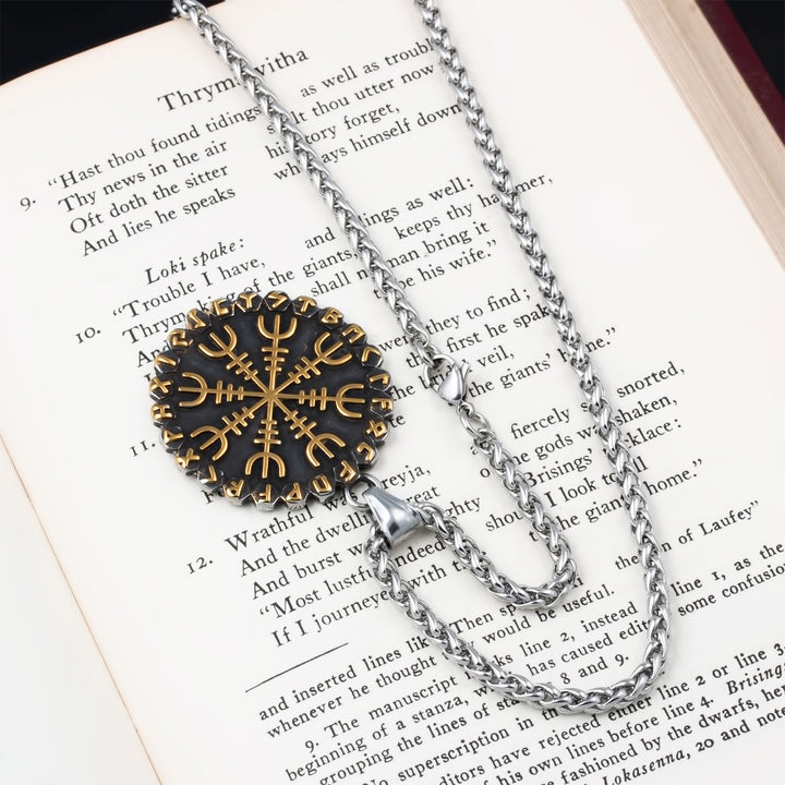 Helm of Awe Vegvisir Rune Pendant Necklace Stainless Steel Viking