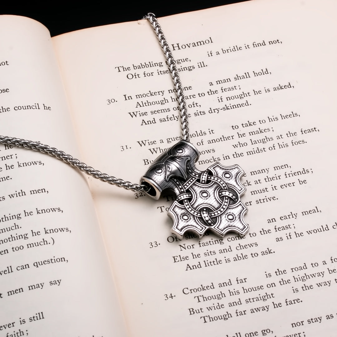 Viking Mjolnir Thor's Hammer Raven Cross Stainless Steel Pendant Necklace
